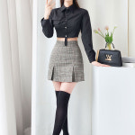 하이웨스트 체크 플리츠 세미 A라인 미니 스커트 히어 : 아비엘르샵