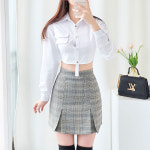 하이웨스트 체크 플리츠 세미 A라인 미니 스커트 히어 : 아비엘르샵