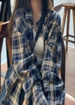 에이비문 여성 체크 긴팔 셔츠 루즈핏 오버핏 블라우스 : 에이비문샵