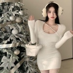 랩 앙고라 가슴트임 랩 가을 겨울 숏 니트 원피스 -와인색 화이트 블랙 77까지 : 닝동무역 유한회사