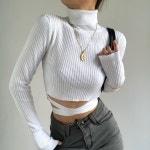하이넥 스트랩 긴팔 니트 여성 슬림 크롭 숏 톱 Women's knitwear : 밍밍무역 유한회사