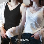 리리블리 여성 브이넥 골지 나시 티셔츠 2P 블랙 화이트 : 리리블리 Lilively