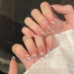 10pcs 간단한 수제 네일 팁 그라디언트 핑크 디자인 거짓 네일 아트 재사용 가능한 프랑스 고양이 눈 손톱에 중간 길이 타원형 프레스...