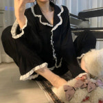 겨울 잠옷 홈웨어 여성용 긴팔 바지 레이스 세트 의류 블랙 레저 여성 자매 가을 : 오빠네문구점
