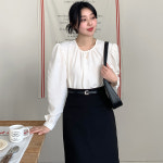 옷자락 여자 라운드넥 베이직 어깨퍼프 블라우스