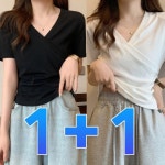 브이넥 랩 반팔티 무지 셔링