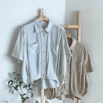 레이온 언발 핀턱 카라넥 반팔 셔츠