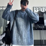 네버두와이 앙고라 브러쉬 라운드넥 꽈배기 니트