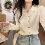 여성 금장버튼 카라 골지니트 가디건 간절기 긴팔 2색