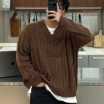 네버두와이 3 카라멜 꽈배기 브이넥 니트