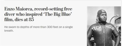 영화 그랑블루 모델, 프리다이버 마이오르카 타계