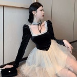 크리스마스파티룩 망사스커트 스퀘어넥 레이스 벨벳 : 중드굿즈몰