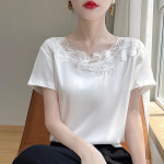 조커제이투 | 여성 라운드넥 레이스 자카드 반팔 티셔츠 루즈핏 슬림 바텀 셔츠 스위트 조커 여름 신상 : 제이투 J2