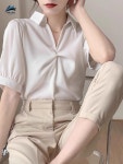 앞꼬임 무지 카라 브이넥 신상 퍼프소매 블라우스 반팔 셔츠 프렌치 쉬폰 출근룩 : 오티에스글로벌