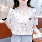 유윈파트너스 | 화이트에 예쁜 핑크 꽃모양 티셔츠 여자 여름 반팔 티 라운드 티 : 부부짱네