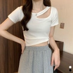 펀칭 트임 세미크롭 티셔츠 크롭티 크롭반팔 반팔크롭티 여성크롭티 배꼽티 LM : 오또또몰