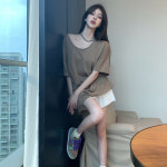 여름 반팔티 와이드티 느슨한 반팔 티 코튼 티셔츠 여성 카키 : 리메리아