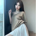 여름 반팔티 와이드티 느슨한 반팔 티 코튼 티셔츠 여성 카키 : 리메리아