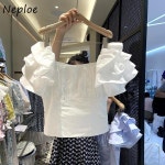 프릴소매 블라우스 Neploe 스위트 젠틀 프릴 패션 하이웨이스트 짧은 셔츠 팜므 스퀘어넥 퍼 : 마카롱가게