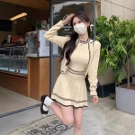 소프트 니트 조끼 가디건 짧은 치마 세트 여성 가을 플리츠 반치마 3피스 패셔너블 앙상블 살구색 3 피스 세트 : 미네소타마켓
