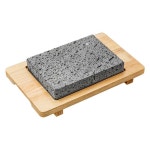 고기깡돌33 | 한꾸 옥돌구이판 돌판 불판 고기불판 석판 돌구이판 12x12x2cm 거친 화산석+오크 판 : 한꾸