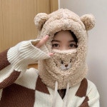 곰돌이목도리 넥워머 후드머플러 귀여운 곰 귀 솜털 모자 겨울 방풍 발라크라바 마스크 스카프 넥 워머 사이클링 야외 스포츠 : 제이제이 팩토리