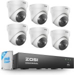 남영가공외 6대 | ZOSI 4K PoE 카메라 시스템 사람/차량 감지 6대 실내/외 스포트라이트 야간 투시 양방향 오디오 24/7 녹화를 위한 2TB HDD가 있는 8채널...