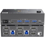 리모컨설팅 | KVM 스위치 2개 모니터 2대 컴퓨터 HDMI 4K144Hz USB 3.0 이중 공유 및 4개 USB3.0 허브 유선 리모컨 12V 전원 어댑터 케이블 포함...