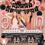 새시로티엠행복한커텐 | 그녀를 위한 30번째 생일 장식 블랙 로즈 골드 행복한 배경 배너 새시 티아라 케이크 토퍼 새틴 리본 보우 & 30번 풍선 아치 키트 우아한...