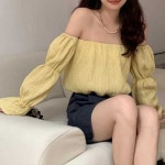 저스트메리드 옐로우 오프숄더 심플 여성 긴팔 블라우스 J05