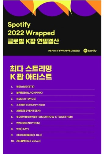 [정보/소식] 2022년 글로벌 스포티파이 케이팝 아이돌 연말결산 - 인스티즈(instiz) (K)POP/예능 카테고리 [정보/소식] 2022년 글로벌...