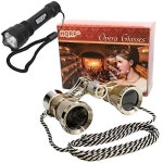 HQRP Theatre Kit: 3 x 25 Golden Opera Glasses w/ Crystal Clear Optic (CCO), Silver Trim &amp; Necklace Chain + Professional Compact... 