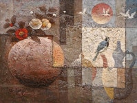국내최대 미술품경매 - 포털아트 흙.불.혼 - 동백 마텔화 도자기 *15P(65cm x 50cm) 패널위에 혼합재료 2008 *유리액자 상세설명필독*