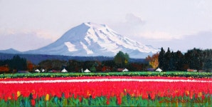 국내최대 미술품경매 - 포털아트 레이니어산이 보이는 튜립農場(농장) *변형20호(72.5cm x 36.5cm 약11호) Oil on canvas 2007 *유리액자... 