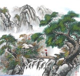 국내최대 미술품경매 - 포털아트 - 다리를 건너는 가족 *(69cm x 66cm 약23.4호) 수묵채색화 2008 *유리액자 상세설명필독*