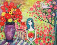 국내최대 미술품경매 - 포털아트 행복한 정원의 소녀 *30F(91cm x 73cm) Mixed Media on canvas 2008 *유리액자 상세설명 필독*