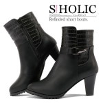 shoesholic | 라쿠텐 일본: 숏 부츠/크로 코 펀칭/사이드 벨트/초 디자인/태 힐 7cm/미각 부츠/블랙 블랙/대용량 3L 25cm/여성 신발가을... 