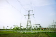 Electrical towers on blue sky background 이미지 (99722756) - 게티이미지뱅크 Electrical towers on blue sky background