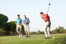 Group Of Male Golfers Teeing Off On Golf Course 이미지 (109266430) - 게티이미지뱅크 Group Of Male Golfers Teeing Off On Golf... 