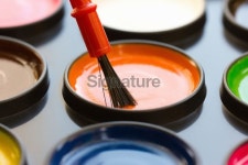 watercolor paint in containers with red brush 이미지 (172467272) - 게티이미지뱅크 watercolor paint in containers with red brush