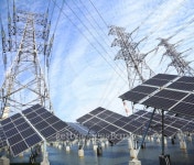 Power transmission tower and Solar panel in the green 이미지 (178980278) - 게티이미지뱅크 Power transmission tower and Solar... 