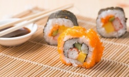 Sushi and shrimp egg on wooden background 이미지 (491672128) - 게티이미지뱅크 Sushi and shrimp egg on wooden background