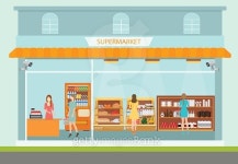 Supermarket building and interior with people buying products. 이미지 (499449118) - 게티이미지뱅크 Supermarket building and... 