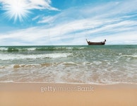 Beach with over sunlight and fishing boat 이미지 (501845306) - 게티이미지뱅크 Beach with over sunlight and fishing boat