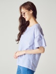 SSF SHOP - 삼성물산 패션부문 온라인 공식몰 스카이 블루 스트라이프 벨 소매 루즈핏 블라우스