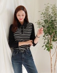 스타일온미 [루이스엔젤] 센스 레이스카라 스트라이프 티셔츠