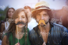 프렌즈 재미있는 야외 스톡 사진 505050653 | iStock Friends having fun outdoors at night club, holding masks in...