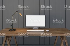 대형 Pc 모니터 앞에 블랙힐스 벽 스톡 사진 499126206 | iStock Dark wall, with PC working setup in front of it, wooden desk and... 