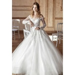 Tarik Ediz 2017 G2059 Illusion Ball Gown Ivory Court Train Sweet Long Sleeves Appliques Tulle Wedding Gown - Crazy Sale Bridal... 