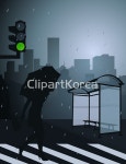 클립아트코리아 :: 통로이미지(주) __적합한콘텐츠,건축물,걷기,들기,백그라운드,비,빌딩,사람,색,신호등,실루엣,여자,우산,일러스트,정류장,한명